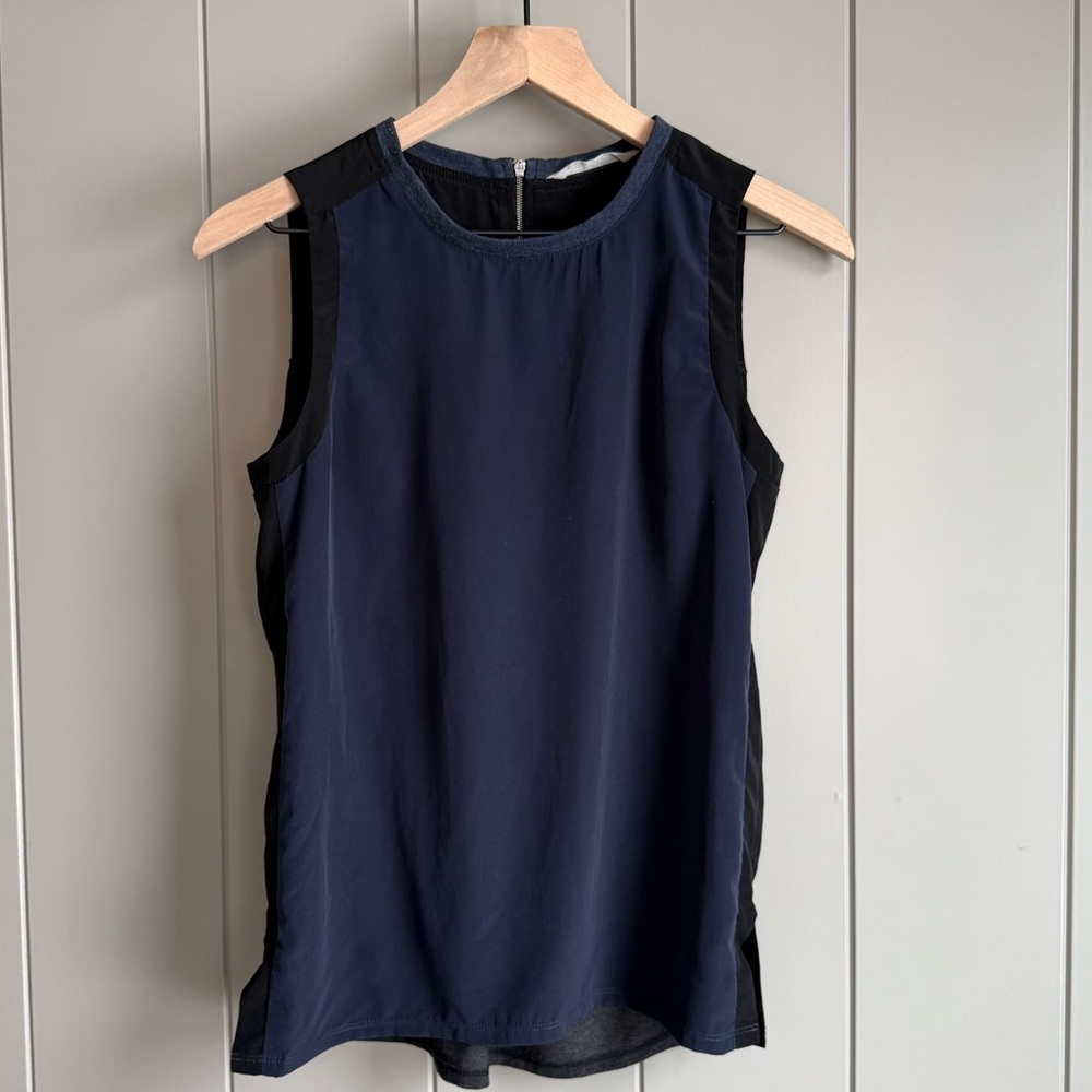 Athleta Mixed Media Sleeveless Top XS Navy Black Gray Lyocell Oversized